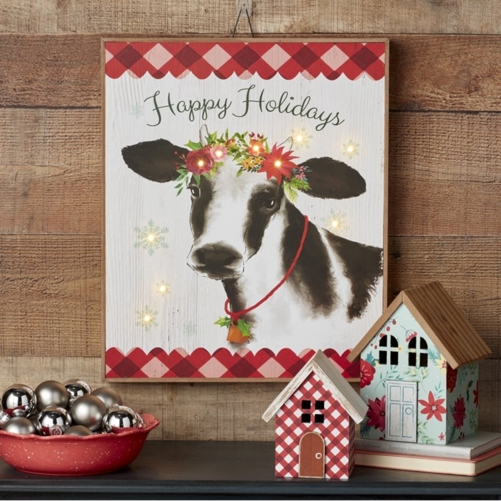 Last One 🌺 New Pioneer Woman Red Gingham Floral Holly Cow Lighted LED Sign Timer